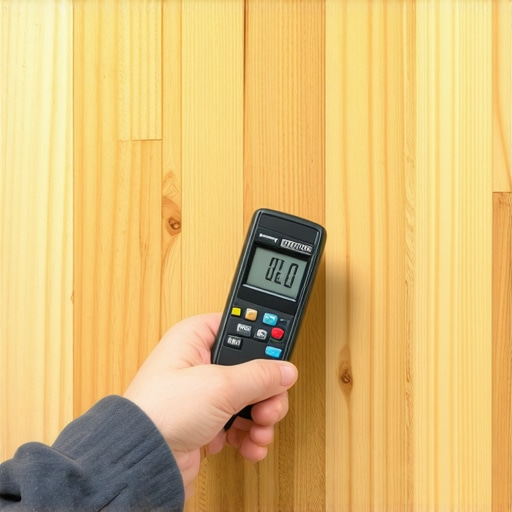 Professional Moisture Meter for Flooring Preparation A digital moisture meter measuring the humidity levels of a wood floor plank before installation.