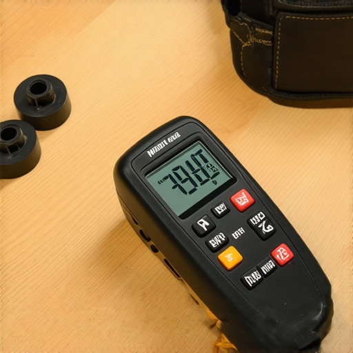 Close-up of a digital moisture meter testing the moisture content of an oak floor