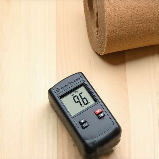 A digital moisture meter measuring the moisture content of a new hardwood floor installation.