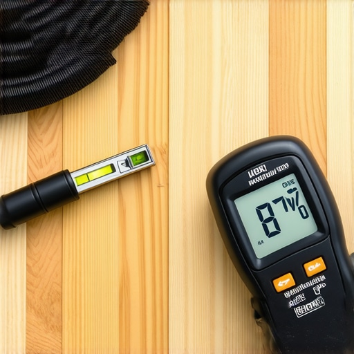 Measuring moisture content in hardwood flooring using a digital pinless meter for professional installation.