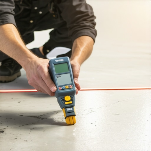 Close-up of a moisture meter being used on a concrete floor to test for vapor emissions before flooring installation.