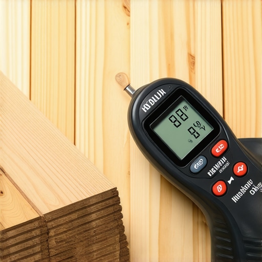 Professional Moisture Testing on Subfloor A digital moisture meter measuring the moisture content of a plywood subfloor before hardwood installation.