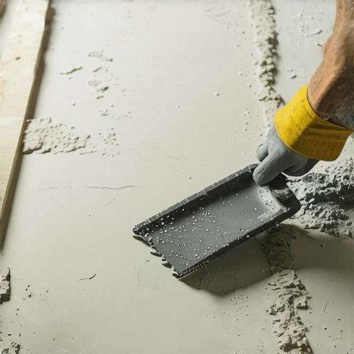 Professional Mortar Spreading Technique Close-up of a notched trowel creating straight thinset ridges for tile installation.