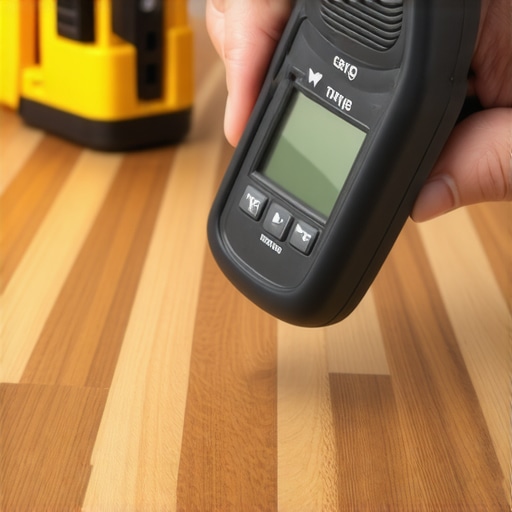 Professional Pinless Moisture Meter for Hardwood Testing Close-up of a digital moisture meter measuring the moisture content of a wood floor plank.