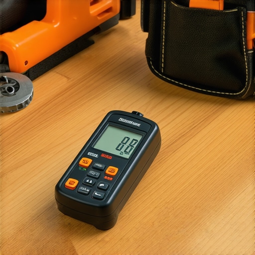 A pinless moisture meter checking the moisture content of a hardwood floor before installation to ensure substrate readiness.