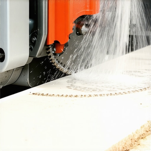Professional Porcelain Tile Cutting Technique Close-up of a wet saw cutting porcelain tile with water cooling for a clean edge