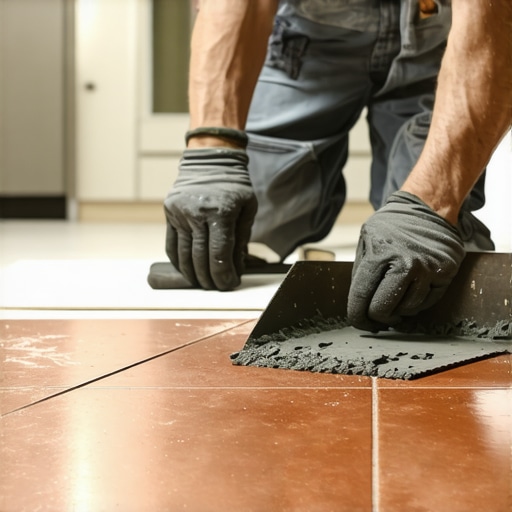 An installer applying mortar to a slip-resistant quarry tile for a commercial kitchen floor.