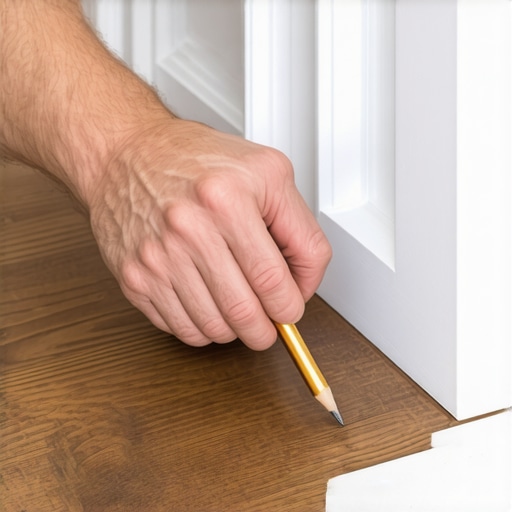 Professional Scribing Technique for Baseboards Carpenter using a scribe tool to match baseboard molding to an uneven hardwood floor.
