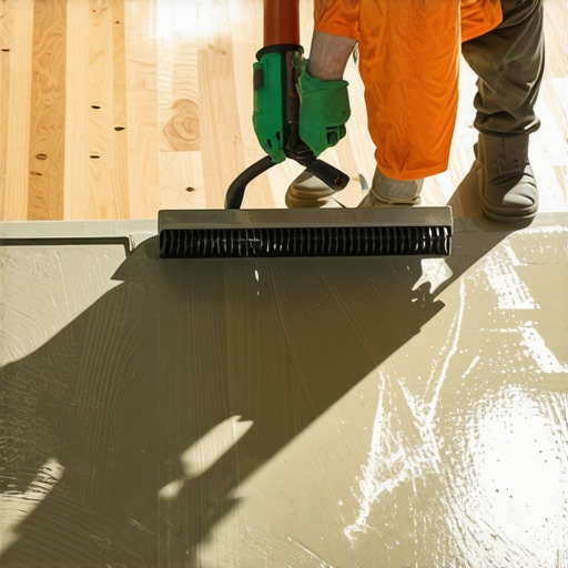 A contractor spreading self-leveling underlayment on a subfloor to ensure a flat surface for hardwood installation.
