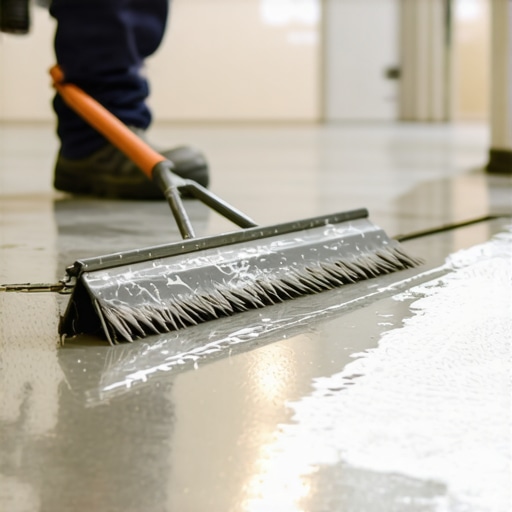 Spreading self-leveling compound over a concrete subfloor to prepare for luxury vinyl plank installation.