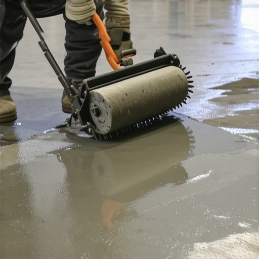 Professional Self-Leveling Technique A contractor using a spiked roller to smooth out self-leveling compound on a concrete subfloor.