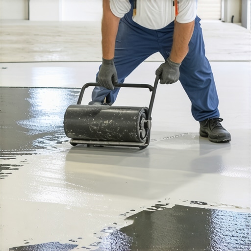 Professional Self-Leveling Underlayment Application Flooring installer using a spiked roller on fresh self-leveling compound to ensure a flat subfloor.