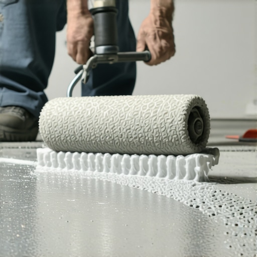 A contractor using a spiked roller tool on wet self-leveling concrete to ensure a flat subfloor.
