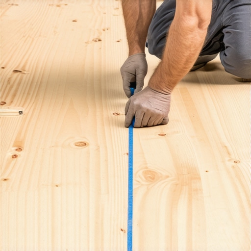 Professional Snapping Chalk Line on Subfloor A worker pulling a blue chalk line tight on a clean plywood floor for tile layout