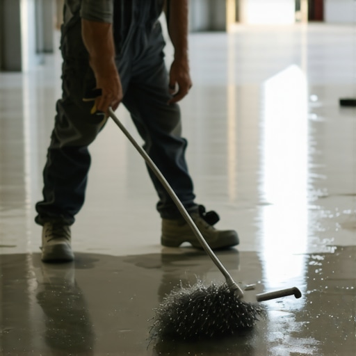 Professional Spiked Roller Leveling Technique Contractor using a spiked roller to smooth out self-leveling underlayment on a concrete floor