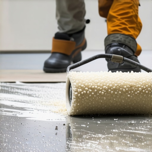 A contractor using a spiked roller to smooth out self-leveling compound on a subfloor.