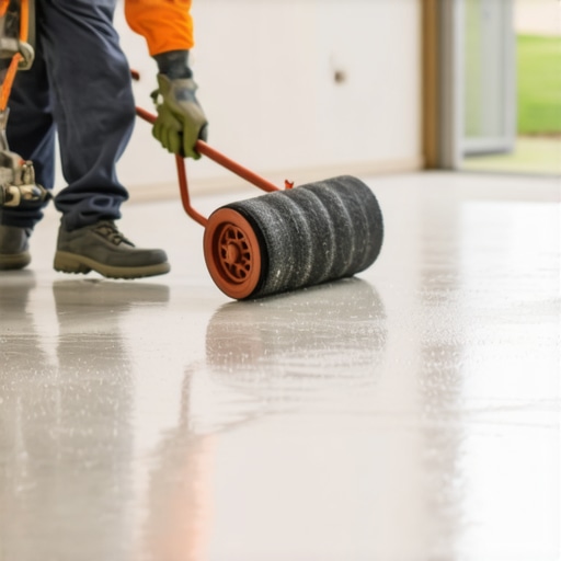 Contractor using a spiked roller on self-leveling underlayment to remove air bubbles.
