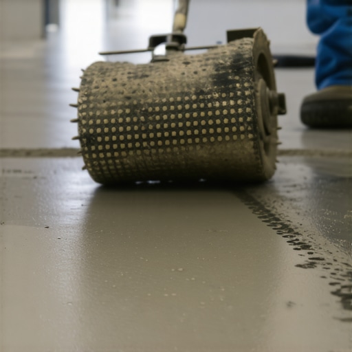 Professional Spiked Roller Technique for Leveling A contractor using a spiked roller on wet self-leveling compound to ensure a smooth, bubble-free floor surface.