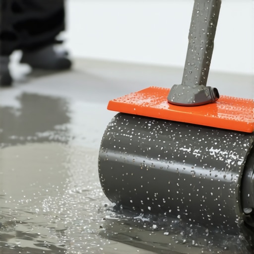 Close-up of a contractor using a spiked roller to aerate wet self-leveling compound for a smooth floor finish.