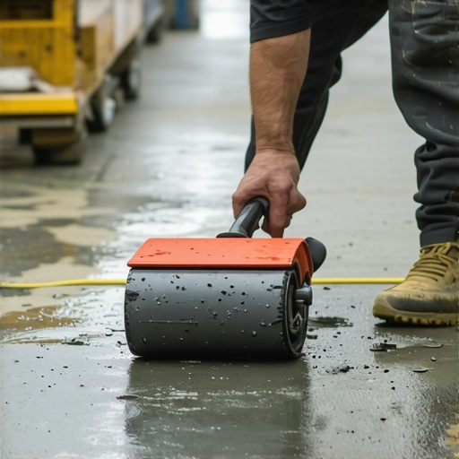 Worker using a spiked roller on wet self-leveling compound to ensure a flat subfloor.