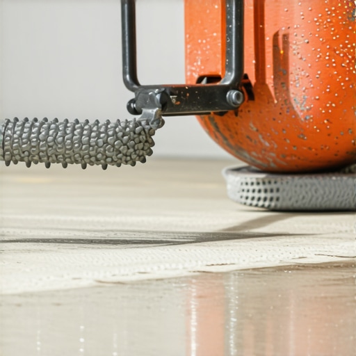 A worker using a spiked roller on fresh self-leveling compound to remove air bubbles.