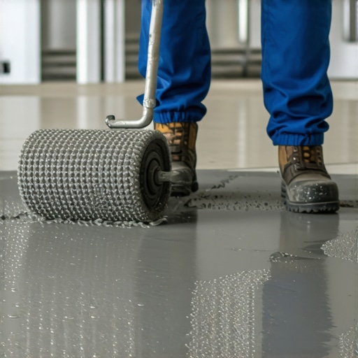 Contractor using a spiked roller for smooth floor leveling