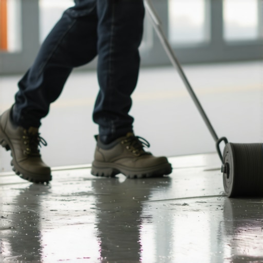 Contractor wearing spiked shoes to walk on wet self-leveling compound.