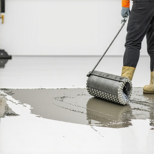 Contractor using a spiky roller on self-leveling compound for a smooth finish.