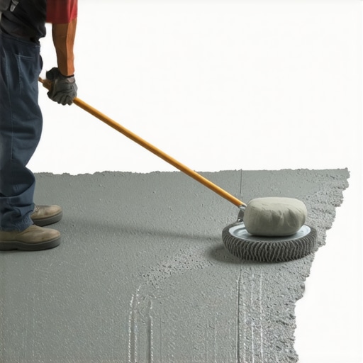 Professional Spiky Roller Technique for Leveling Contractor using a spiky roller to remove air bubbles from a fresh self-leveling floor pour.