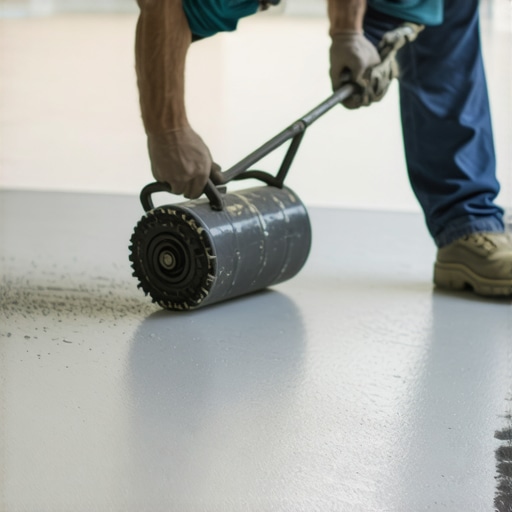 Professional Spiky Roller for Floor Leveling Contractor using a spiky roller to remove air bubbles from self-leveling compound
