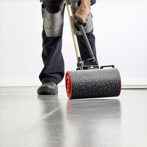 Professional Spiky Roller for Floor Leveling A spiky roller being used to remove air bubbles from wet self-leveling compound on a floor.
