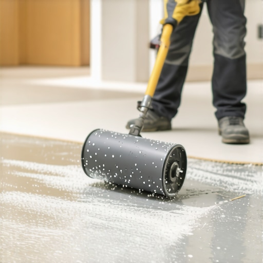 A worker using a spiky roller on a wet self-leveling floor to remove air bubbles.