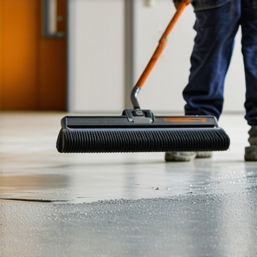 Professional Spreading with a Gauge Rake A contractor using a gauge rake to spread self-leveling compound on a concrete floor to prevent high spots.