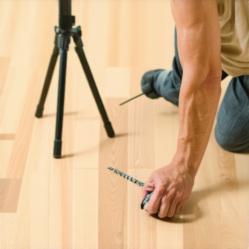 Repairing squeaky hardwood floor with a specialized screw kit and tripod guide.