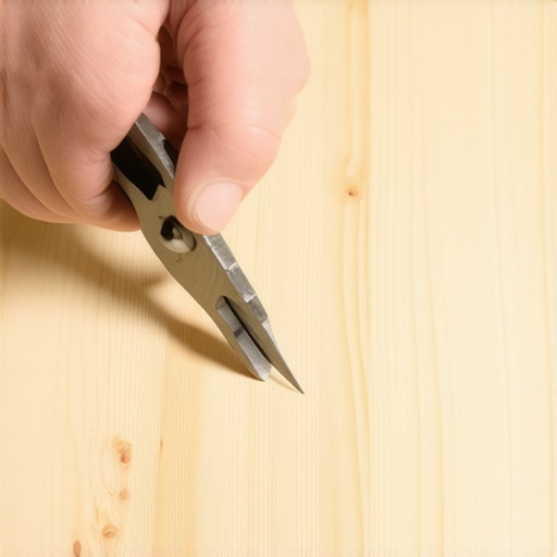 Professional Staple Removal Technique End-cutting nippers being used to pull staples from a plywood subfloor using leverage.