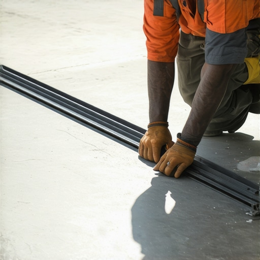 Contractor measuring subfloor flatness with a straight edge tool