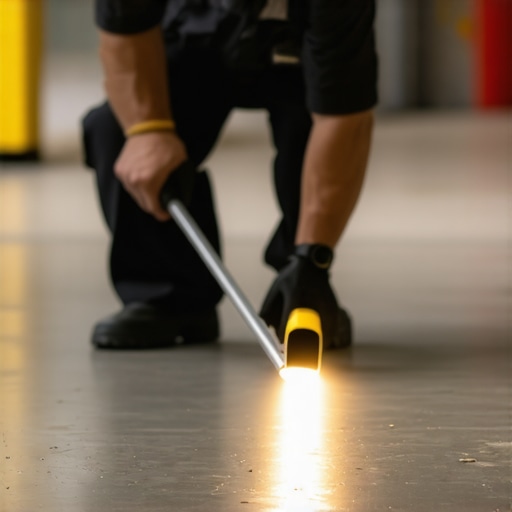 Contractor using a straightedge and flashlight to find uneven spots on a concrete subfloor.