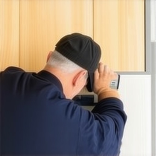 Professional Subfloor Flatness Inspection A professional using a straightedge to check plywood subfloor flatness.