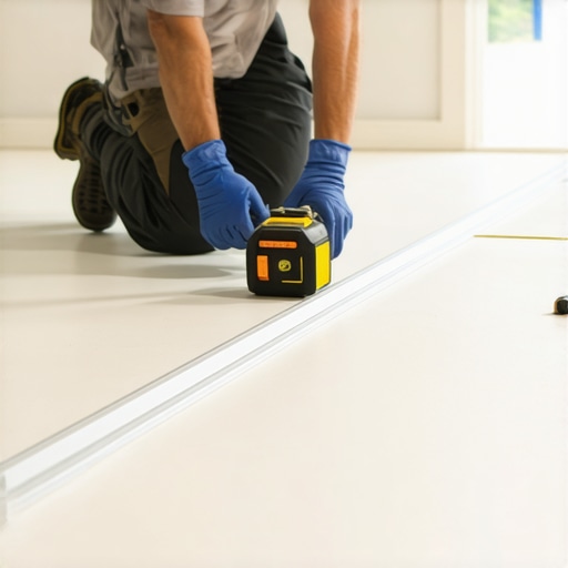 Professional Subfloor Flatness Verification Installer using a 10-foot straightedge and laser level to check floor flatness before installation.