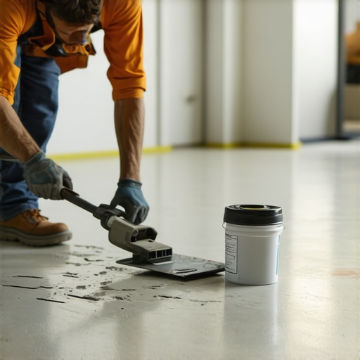 Contractor leveling a subfloor with a laser level and primer for vinyl installation.
