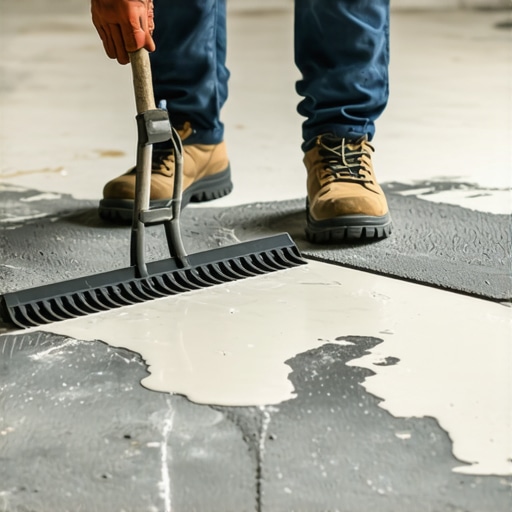 Installer using a gauge rake and spiked shoes to level a concrete floor