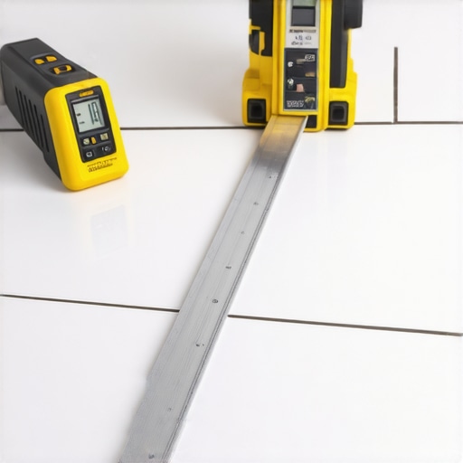 A pro straightedge and digital moisture meter being used to check a new floor installation