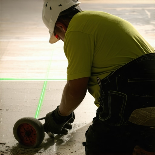 Professional Tools for Floor Leveling Success Contractor using a spiky roller and laser level for flooring installation.