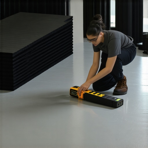 Professional Tools for Floor Leveling and Maintenance Digital level and moisture meter being used on a concrete subfloor for gym installation.