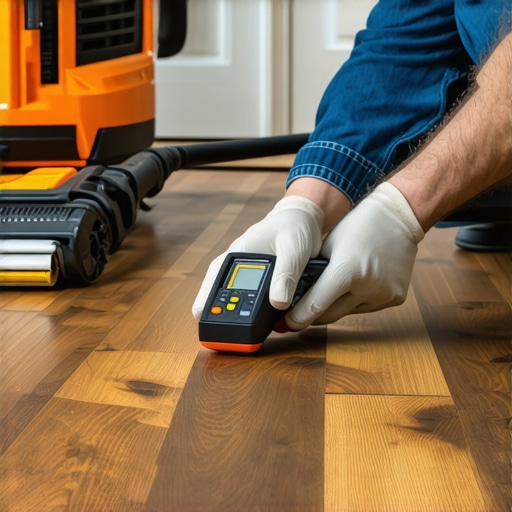 Contractor using a moisture meter on hickory hardwood planks.
