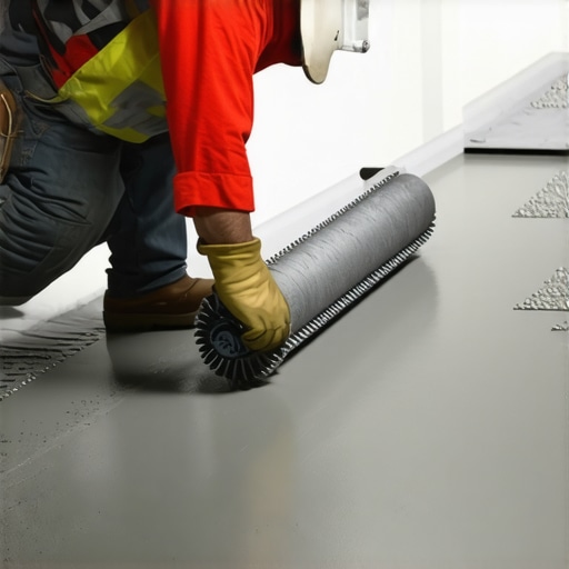 Contractor using a spiked roller on self-leveling floor compound