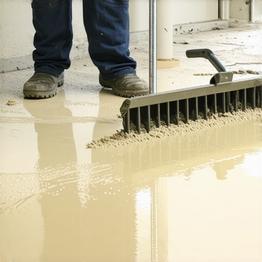 Professional application of self-leveling floor compound A professional using a gauge rake to spread floor leveler evenly across a concrete slab.