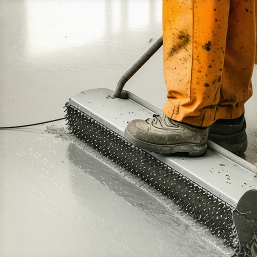 Contractor using a spiked roller to smooth out liquid floor leveler