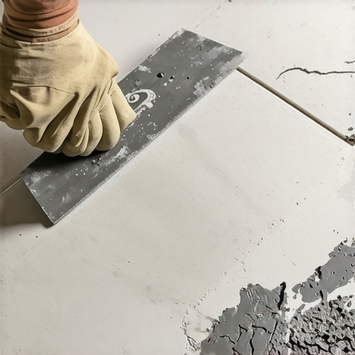 Professional back-buttering technique for tile slopes Close-up of back-buttering a tile with a mortar wedge for slope adjustment.