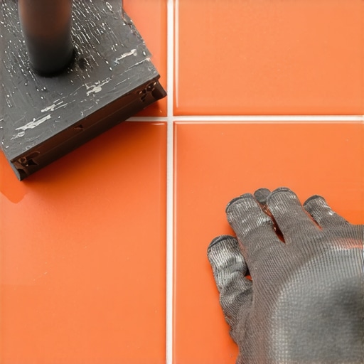 A contractor applying epoxy grout to kitchen floor tiles using a rubber float.